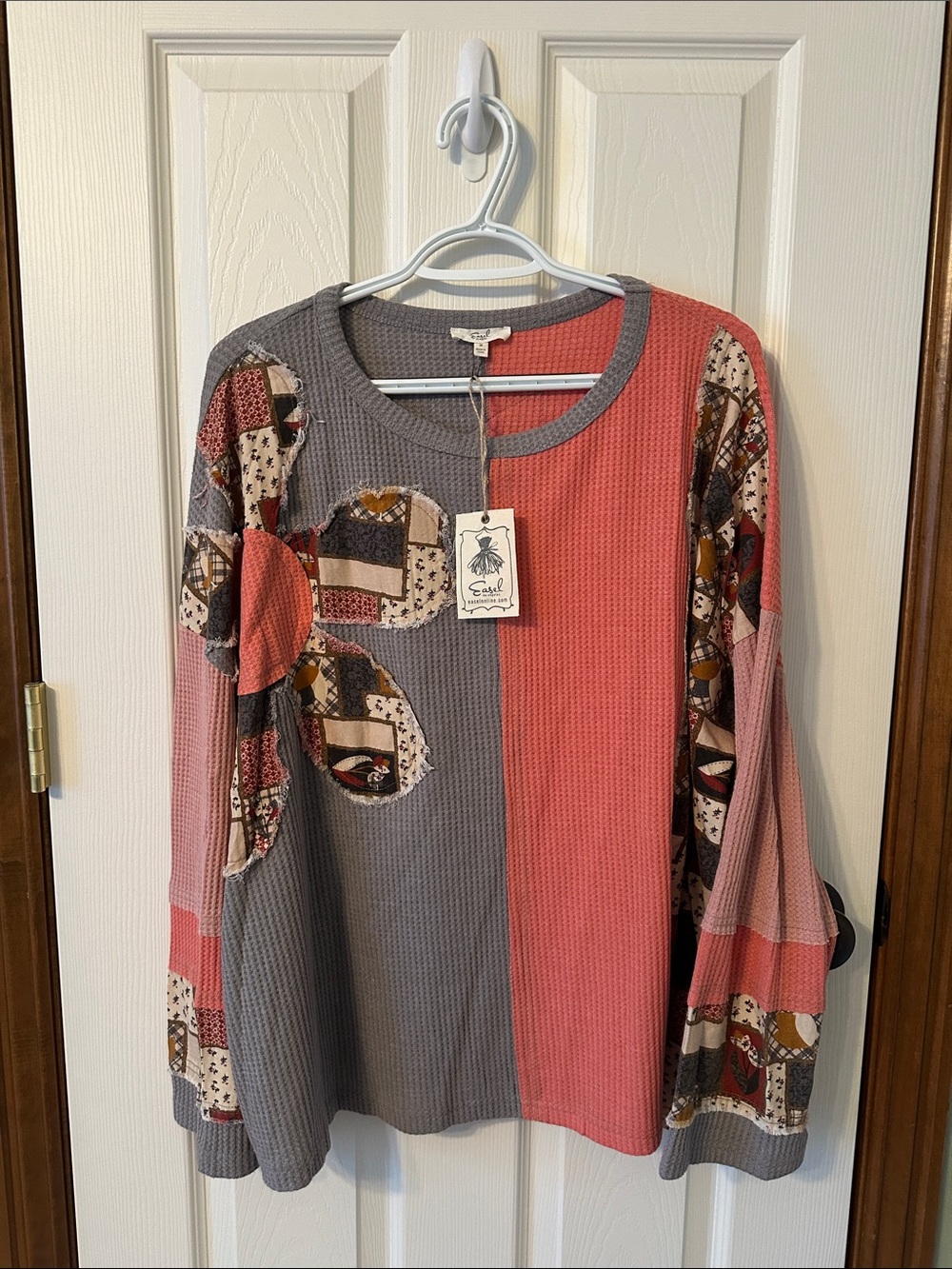 easel Pink and Gray Patchwork Waffle Knit Long Sleeve Top